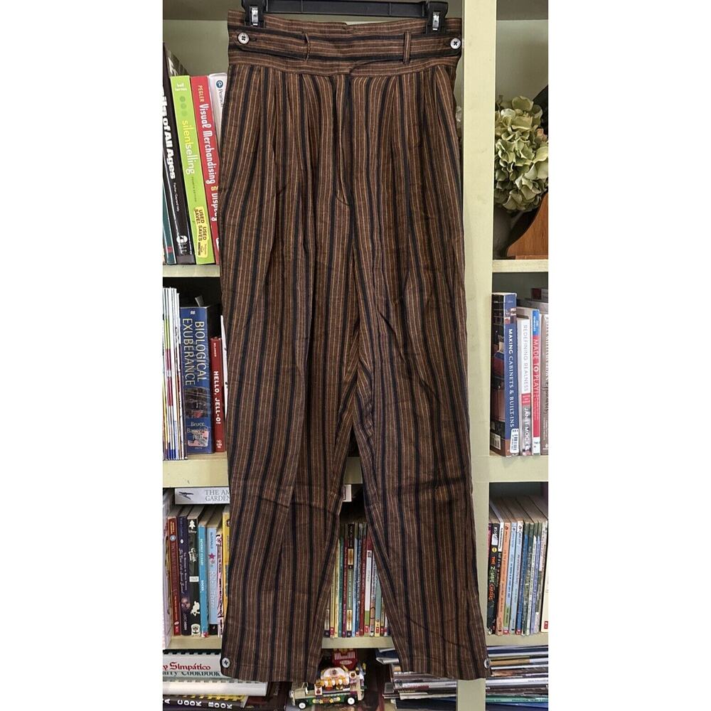 Baldanza Women's Brown Black Striped Linen Cotton Pant 6 8 Small Vintage Tapered